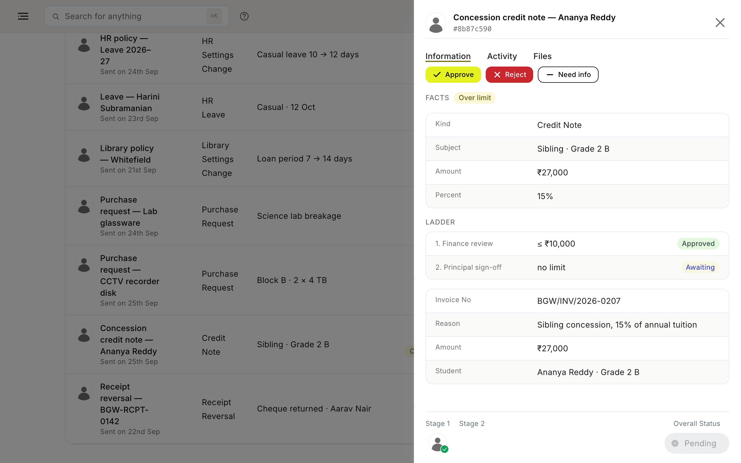 Approvals screen