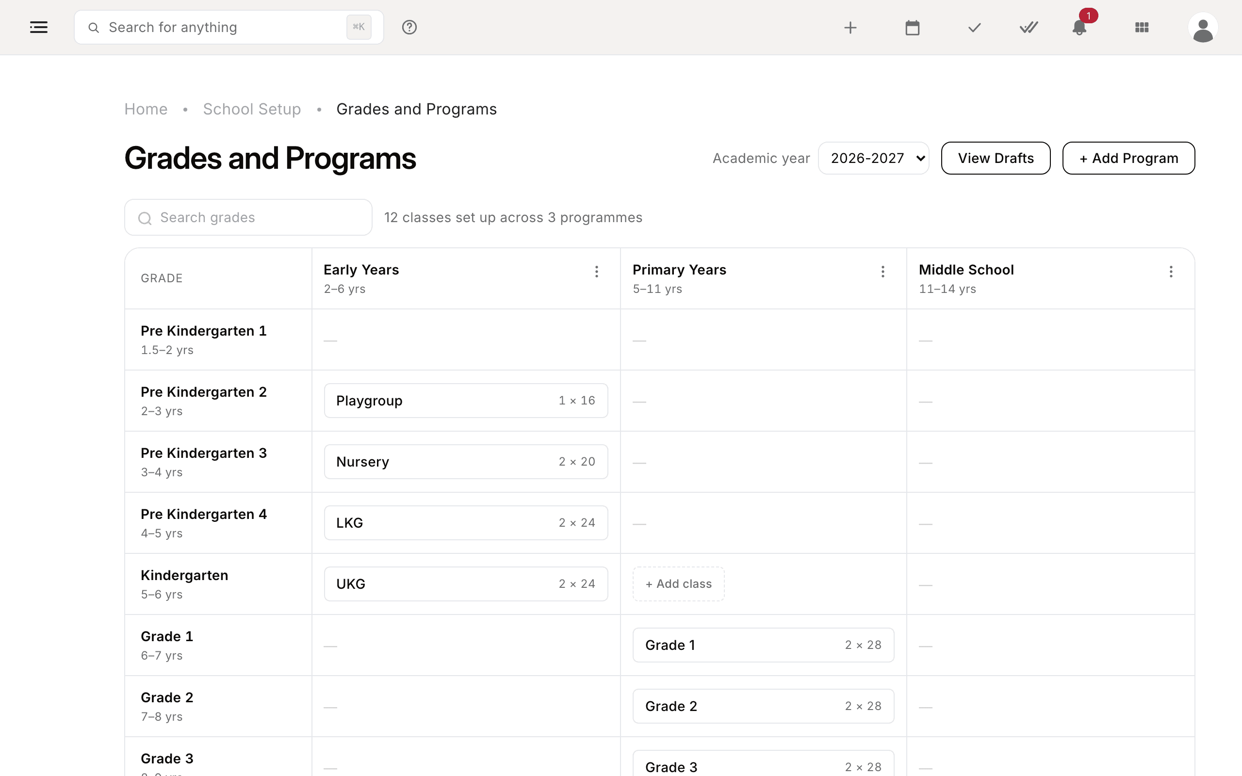 Academic Setup screen