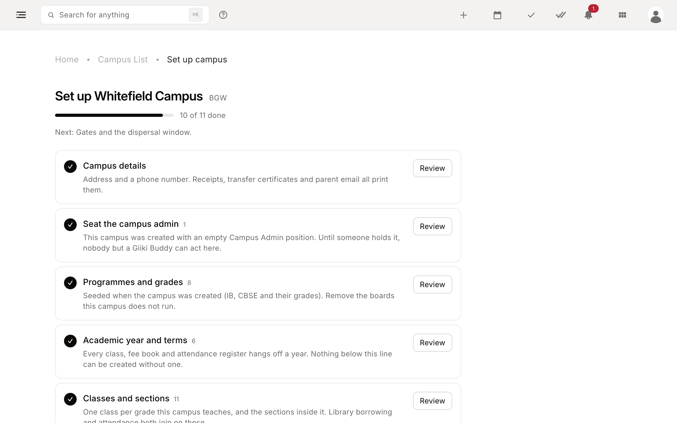 Central Admin screen