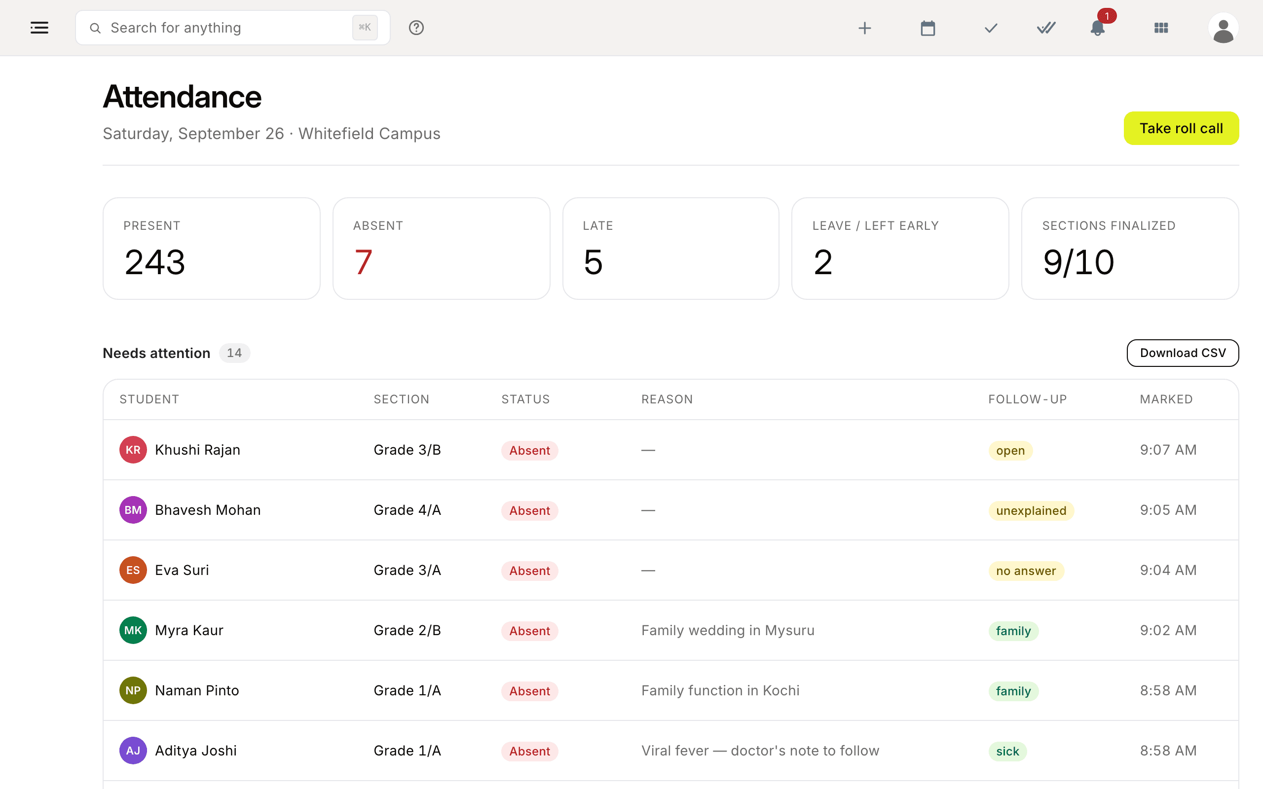 Attendance screen