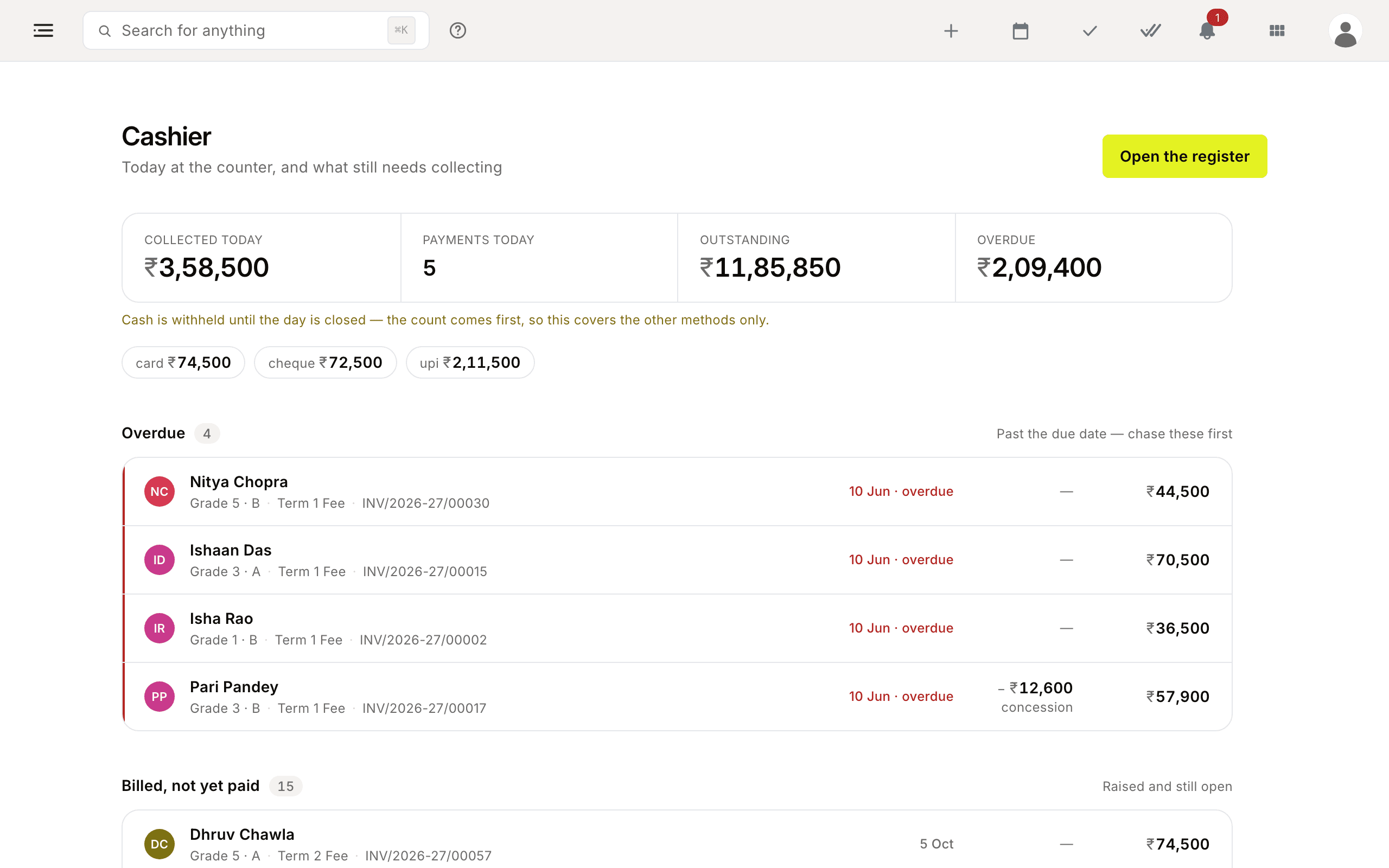 Finance & Fees screen